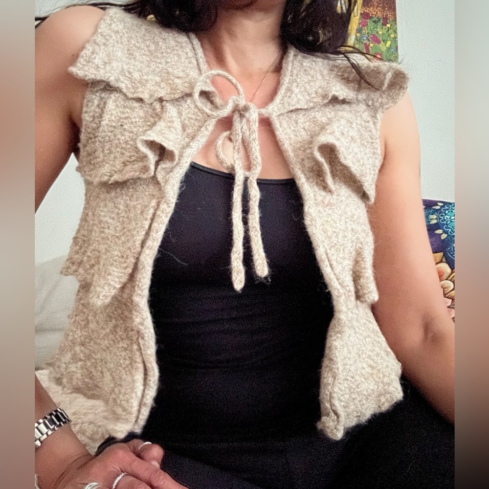 Handmade Vintage Felted Beige Knit Vest with Ruffles